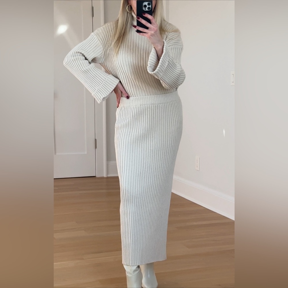 Cream knitted roll neck sweater and maxi skirt with Ribbed Texture and Slit
